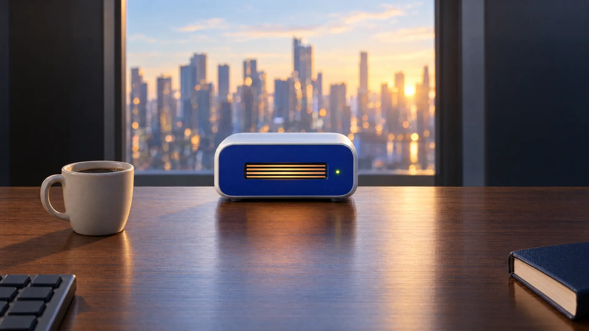 The same desk at sunrise, the computer's status light green
