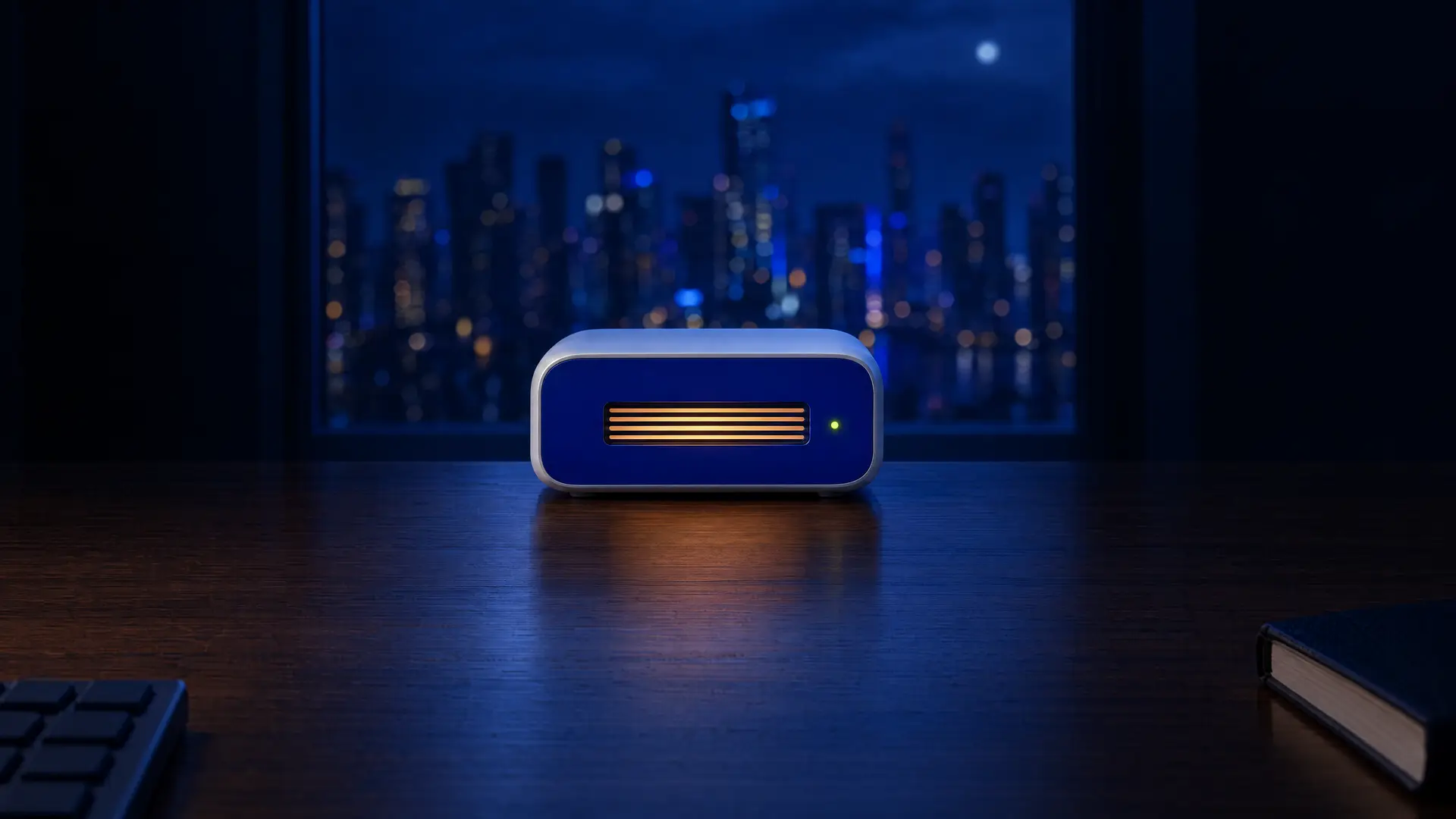 A small computer on a desk at night, its vent glowing